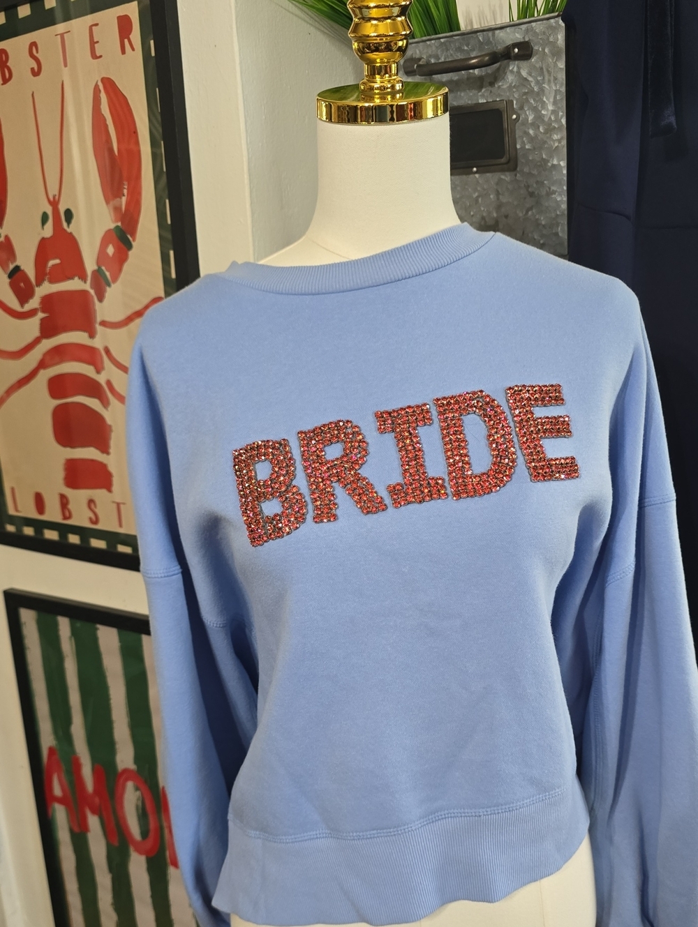 Judith March Rhinestone BRIDE Embellished Light Blue Sweatshirt Xl